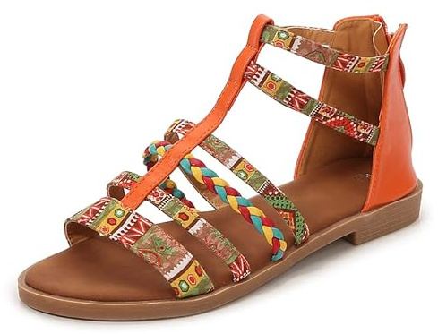 Gladiateur Plat Sandales Femmes Bohème Colorées Tressées Élégance Bout Ouvert Plage Vacances Tong Sandale Taille 36-42EU (41,Orange)