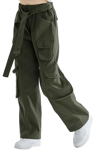 Rolanko Pantaloni Cargo Larghi per Ragazze, Pantaloni Streetwear Elasticizzati a Vita Alta e Gamba Larga con Tasche Multiple, Verde Esercito, Taglia: 150