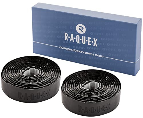 Raquex Cushion PU Hockey Stick Grip 2 Pack: Super Grippy, Soft & Absorbent Hockey Stick Tape - Self-adhesive Backing - Extra long length - With Recyclable Cardboard Gift Box (2 x Black)