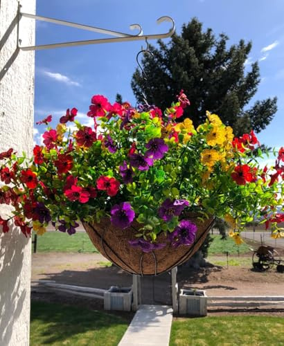 Lamsze Artificial Faux Hanging Plants Flowers Basket for Summer Autumn, Colorful Daisy Flowers Eucalyptus UV Resistant Look Real for Outdoor Outside Porch Decoration