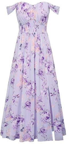 GRACE KARIN Summer Purple Floral Dress for Women 2026,Off the Shoulder Smocked Bridesmaid Dresses,Formal Baby Shower Maxi Dresses XL