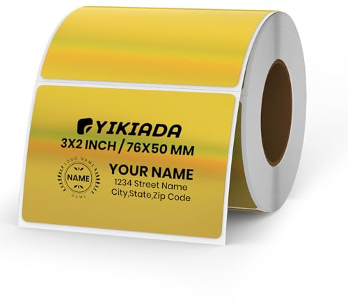 YIKIADA Etiquetas térmicas doradas de vinilo de 50 × 76 mm, rollo rectangular autoadhesivo, pegatinas para direcciones, pegatinas impermeables con purpurina para logotipo, código de barras, código QR