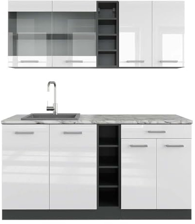 Vicco Singleküche R-Line, Weiß Hochglanz/Anthrazit, 160 cm, AP Marmor, zur individuellen Erweiterung mit zusätzlichen Modulen geeignet