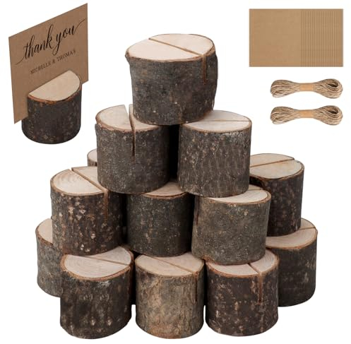 Kartenhalter Holz, 20 Stück Tischkartenhalter Holz mit 20 Kraftpapier Tischkarten und 20 Meter DIY hanfseil, Rustikale Menükartenhalter, Tischnummernhalter für Hochzeit Geburtstag Fotos Notizklammern