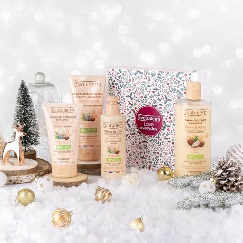 EVOLUDERM - Coffret cadeau Femme - Soins Cheveux Beurre de Karité - 4 produits - Idée Cadeau - Coffret cadeau Noël-Coffret Anniversaire - Fête des Mères - Fabrication Française (Cocooning)