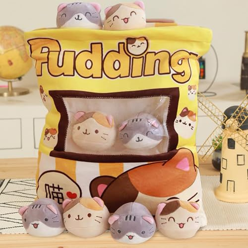 Mjuk Mellanmålskudde,Plyschleksak,Kawaii Plyschdocka, Ländryggskudde,Kram,Sömnkudde,Kudde, Dragkedja,Avtagbar,Fylld Med Små Dockor Inuti (Gul Katt)