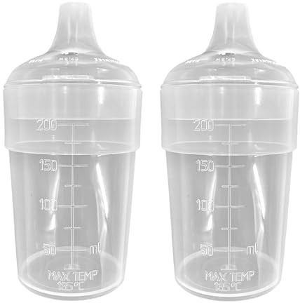 Chabrias Ltd 2 Pack Feeding Beakers 200ml UK Made- Clear with Wide & Narrow Spout Lids Controllable Flow – Reusable, Microwave Safe, Adult Sippy Cup, Spill-Proof, Autoclavable, Care Homes, Nursing