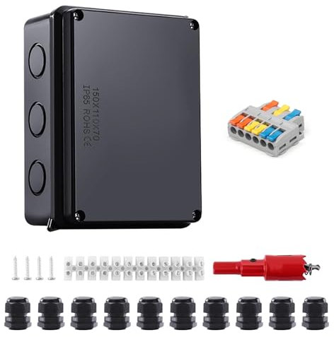 SRJQXH Boite de Dérivation, 150 x 110 x 70 mm Boite de Derivation Electrique, Noir IP65 Boite Electrique Etanche Exterieur, ø 6-12 mm, avec Bornes et Accessoires de Montage, pour Caves, Garages