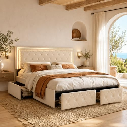 Cama de Matrimonio 160 X 200 cm, con LED, Cama de Almacenamiento con 4 Cajones, Tablero de Cabecera con Altura Ajustable, PU, sin Colchón