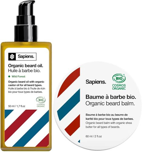 Sapiens Duo Cura Barba Uomo Bio - Made in France - Olio da Barba 50 ml + Balsamo per Barba 60 ml - Cura Olio di Ricino Barba Uomo - Promuove la crescita Barba e idrata