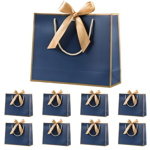 Geschenktüte mit Schleife,Geschenktüte Weiß,Geschenktaschen für Geburtstag, Hochzeit, Festivalfeier, Weihnachten,32 x 25 x 10cm, (Weiß, 8 Stück) (Blue-gold border)
