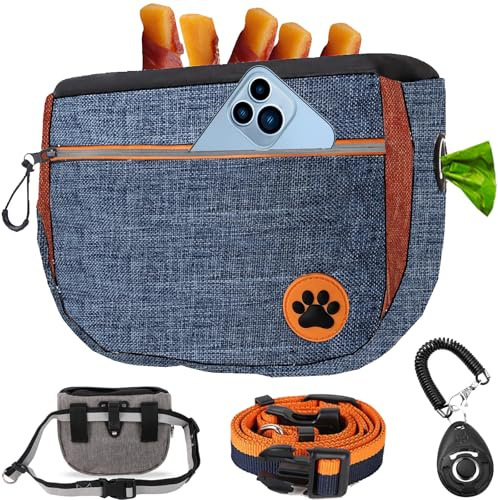 Large 7 Cup Dog Treat Pouch with Clicker,Treat Pouches for Pet Training,Crossover Self-Closing Bag,Built-in Poop Bag Dispenser, 46“ Free Hand Waist Belt for Walks/Oxford Fabric/double pocket(Blue)
