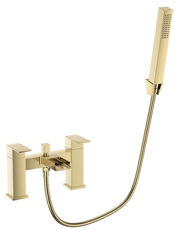 VeeBath Kinetic Square Waterfall Bath Shower Mixer – Brushed Brass Finish, Dual Lever Control, G1/2 BSP Inlet, Showerhead & Handheld Shower, Deck Mounted Square Bathroom Taps Pair