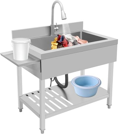 Fristående köksdiskbänk, 90 x 60 x 90 cm, enkelhandfat, handfat i rostfritt stål, cateringdiskbänk med utdragbar kran, bärbart handfat för restaurang, tvättstuga, garage, utomhus (silver)
