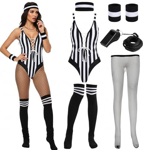 6 Pcs Women Referee Costume Set Referee Bodysuit Accessories Set for Womens Soccer Sport Halloween Costumes for Women(M)