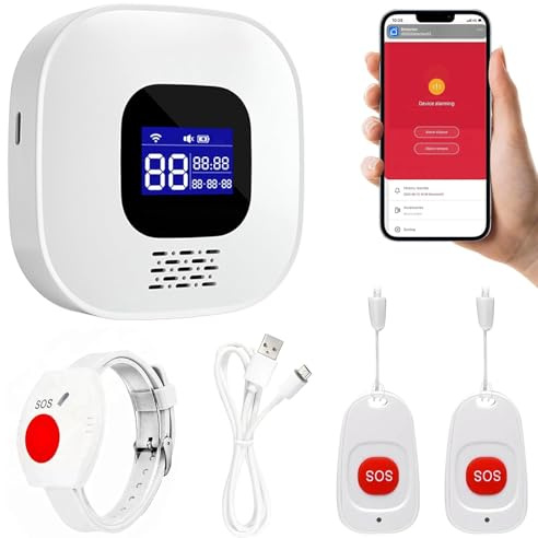 Tuya Wifi Smart Personal Alarms for Elderly, Sos Call Panic Button Alert for Elderly Seniors Patient Disabled Handicapped with 1 Receiver, 2 Call Buttons and 1 Bracelet