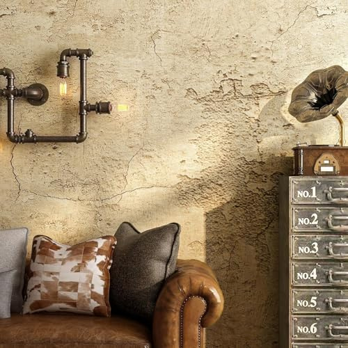 FunStick 60CMx5M Carta da Parati Adesiva Muro Cemento Pellicola Rivestimento Cucina Tavolo Cassetti Porte Beige Giallo Impermeabile Carta Adesiva Cemento Marrone Industriale Invecchiato Soggiorno