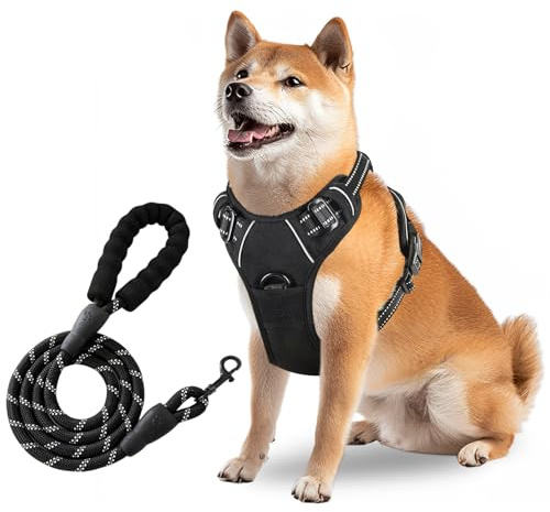 2 Stück Geschirr Hund Groß, Hundegeschirr und 1.5m Leine Set Reflexstreifen Brustgeschirr mit Griff Verstellbar Anti Zug Geschirr für Mittelgroße Grosse Hunde (Schwarz XL)
