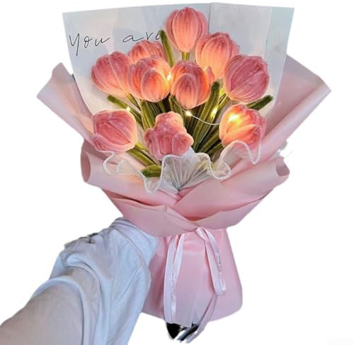 Feeshoppher tulpanbukett handgjord gör-det-själv materialkit för hantverk personliga konstgjorda blommor med plastpapper och metall inkluderar rosa blå och lila blommiga tillbehör för att skapa (B