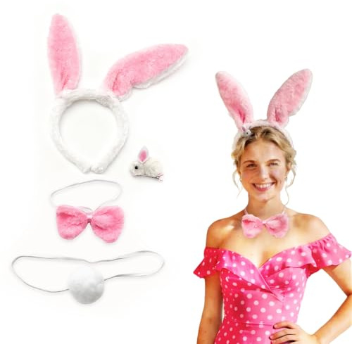 MmmLucipor 5 Piezas Disfraz de Conejo y Conjunto de Accesorios, Blanca Accesorios de Disfraz de Conejo, Diadema con Orejas de Conejo de Pascua y Corbata Pajarita+Cola de Peluche＋Pinza Para el Cabello