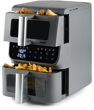 DOMO DO550FR 2 rum vertikal varmluftsfritös, 10 l innovativ lufthastighet, sparar 30% utrymme, LED-pekskärm med visningsfönster 2 500 W, grå