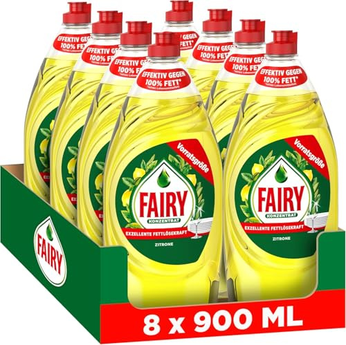 Fairy Ultra Konzentrat Zitrone Handgeschirrspülmittel 8x900ml mit effektiver Formel für sauberes Geschirr, beeindruckende Fettlösekraft