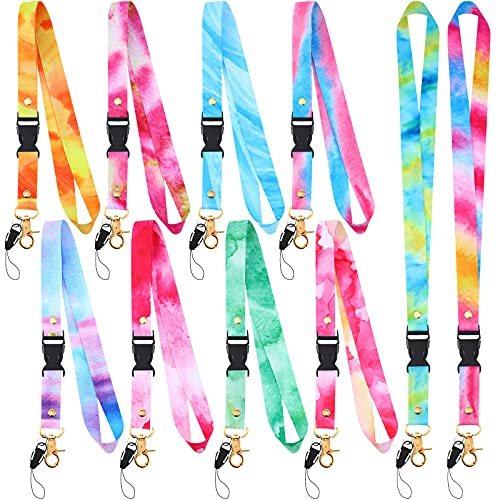 Outus 10 Pieces Tie Dye Lanyard Keychain Adjustable Length Breakaway Lanyards for ID Badges, Rainbow Keychain Neck Strap for Keys ID Card Holder for Women Men