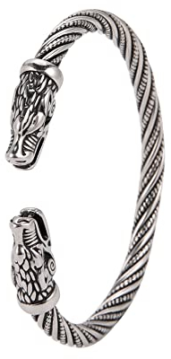 Amaxer Viking Nordic Fenrir Wolf Heads Odin Raven Crow Dragon Edelstahl Open Cuff Armband Starkes Amulett Schmuck Schutz für Männer Frauen (Fenrir Wolf-Silber)
