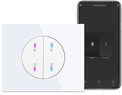 CNBINGO Smart Lichtschalter unterputz mit Weiß Glas Platte, WLAN Kipplichtschalter Arbeiten mit Alexa, Google Assistant, Runden Mechanischer Wandlichtschalter, Neutrale Leitung benötigt, 2-Fach