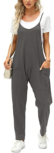 Ebifin Salopette d'été ample pour femme - Salopette sans manches avec grandes poches., gris foncé, L