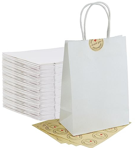 HRUISE 50Pcs Small White Paper Bags With Handles, A5 Size, 120GMS Thicken Paper Party Favor Bags Shopping Bags Includes Labels For Birthday Party Wedding Shopping Retail