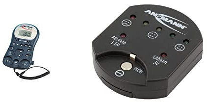 Ansmann EUR1485 Energy Check Battery Tester with LCD Display Multi-Functional Battery Health Checker, Black & 1900-0035 Button Cell Battery Tester with LED Display Coin Cell Battery Health Checker