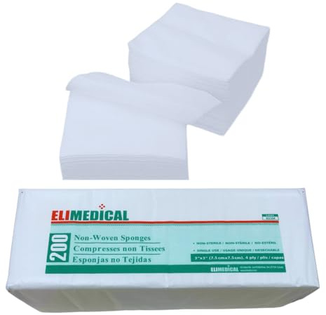 Elimedical Lot de 200 Compresses de gaze non tissées, Non stériles - Ultra doux - pour spa, soins des plaies faciales, premiers secours (3 x 3 -4ply)