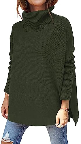 Womens Oversized Pullover Sweater Long Batwing Sleeve Solid Roll Turtleneck Jumpers Army Green
