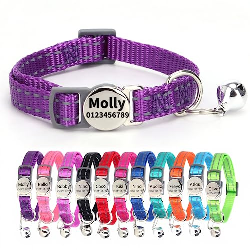 SEOUGEE Cat Collar Quick Release with Personalised Name Tag, Reflective Kitten Collars with Bells & Safety Release, 19-30 CM Adjustable, Dark Purple