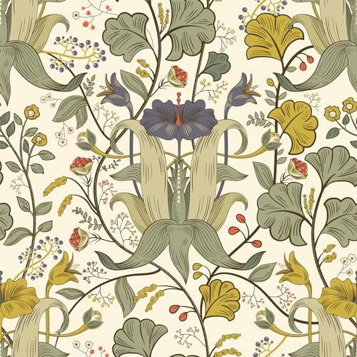 VEELIKE Papel Pintado Flores Beige Vintage Papel Pintado Pared Hojas Tropicales Fotomurales Decorativos Pared Habitacion Papel Adhesivo para Muebles Flores Dormitorio Armarios Baño 44.5 cm × 300 cm