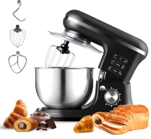 Avilia Impastatrice Planetaria in Acciaio Inox 1500W con Ciotola 5L - 10 Velocità, Ricettario e Accessori Inclusi - Gancio, Battitore e Frusta - Robot da Cucina per Pane, Pizza e Dolci NERO