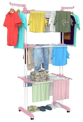 Innotic Airer Clothes Drying Rack 4 Tier Collapsible Rolling Stainless Laundry Dryer Hanger with Casters for Indoor, Pink