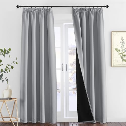 PONY DANCE 100% Blackout Pencil Pleat Curtains - Double Layered, Short Thermal Insulated Curtains & Drapes for Bedroom/Kitchen, 2x W55 X L102, Silver Grey