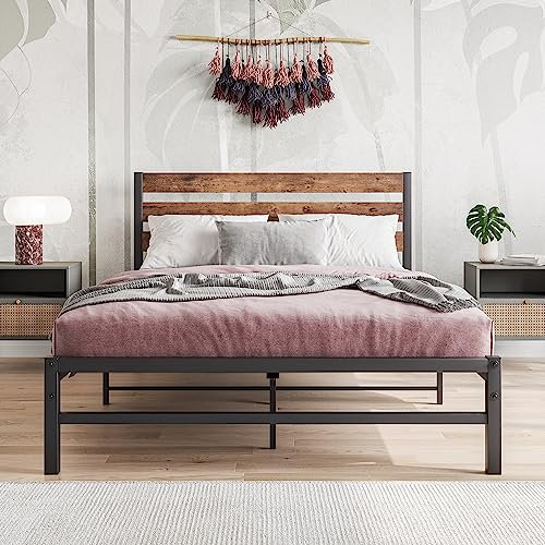BORPHOM Double Bed Frames with Wood Headboard,Metal Platform Bed Frame Double Bed No Box Spring Needed,Solid Slatted Bedstead Base/Mattress Base/Underbed Storage/Easy Assembly/Brown