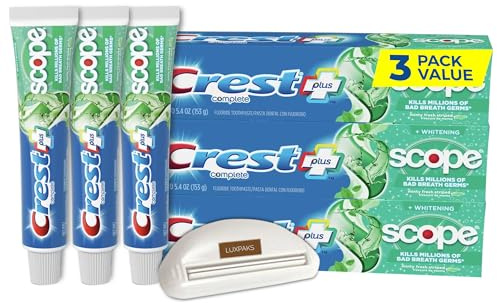 CRST Scope Complete Whitening Zahnpasta, Minzig-frischer Geschmack, 153 ml, 3 Stück, gebündelt mit LUXPAKS Squeezer