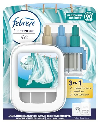 Febreze Kit De Démarrage Diffuseur Électrique Parfum Linge Frais, Prise + Recharge de 20ml, 3 Parfums en Alternance, Combat les Odeurs et Rafraîchit Jusqu'à 90 Jours