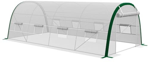 Outsunny Serre de Jardin Tunnel 18 m² Serre à tomates, Porte zippée Enroulable, 8 fenêtres, châssis Tubulaire en Acier galvanisé, bâche PE Haute densité 6 x 3 x 2 m Blanc