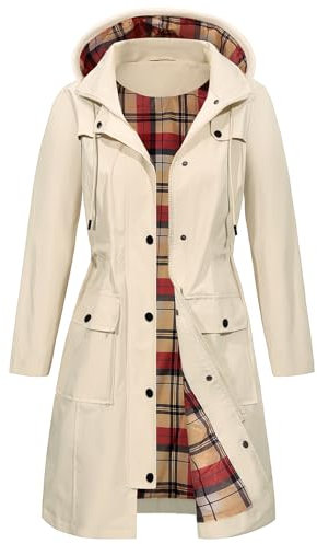 heekpek Womens Waterproof Jackets with Hood Long Rain Coats Lightweight Outdoor Softshell Jacket Windbreaker Trench Coat for Spring Autumn, Khaki, L