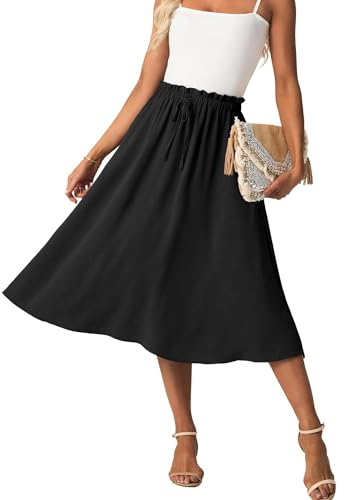 GRECERELLE Damen Rock Sommer Midi Langer Midirock A-Linie Flowy mit Taschen leicht und luftig (Schwarz, M)