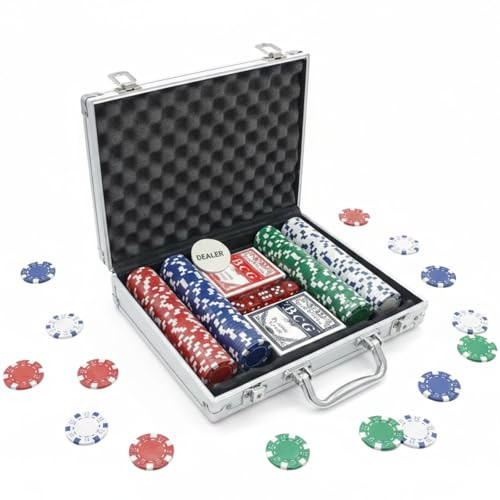 Shop SoftAir Valigetta Poker Texas Hold’em e Blackjack – Set da 100/200/300 Fiches con 2 Mazzi di Carte, 5 Dadi e Dealer - Colore Argento (200 Fiches 29,5x21x6,5cm)