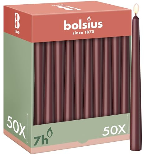 Bolsius Candele a punta liscia, colore rosso bordeaux, 50 pezzi, 24,5 cm, candele decorative per la casa, durata 7 ore, non profumate, contiene cera vegetale naturale, senza olio di palma