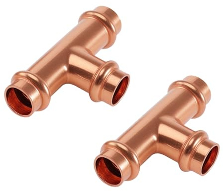 2 stycken pressbeslag T-stycken, koppar T-stycke 15 x 15 x 15 mm, 15 mm koppar pressmontering, pressmontering för dricksvatten och uppvärmning, för pressning V-kontur, för rör ytterdiameter 15 mm