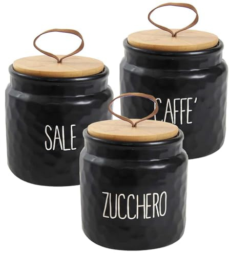 Set 3 Barattoli in Ceramica Ondulati - Brillante, Tappo Ermetico in Legno, Tris Bianco o Nero, Minimalista, Caffè, Zucchero, Sale, Contenitori, Organizzatori da Cucina - 14 cm (Nero, Legno, 14 cm)