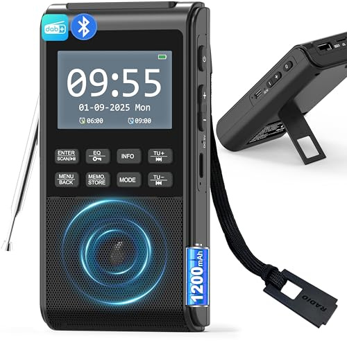 Radio DAB portatile con Bluetooth 5.3, radio FM alimentata a batteria ricaricabile piccola, doppia sveglia orologio, radio digitale DAB+ con display a colori, altoparlante grande da 5 W, supporto